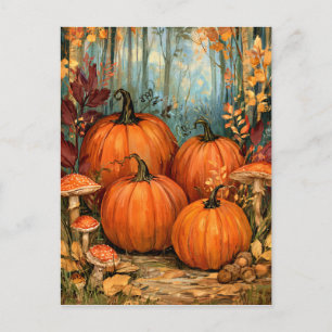 Carte Postale Forêt automnale avec citrouilles et champignons,