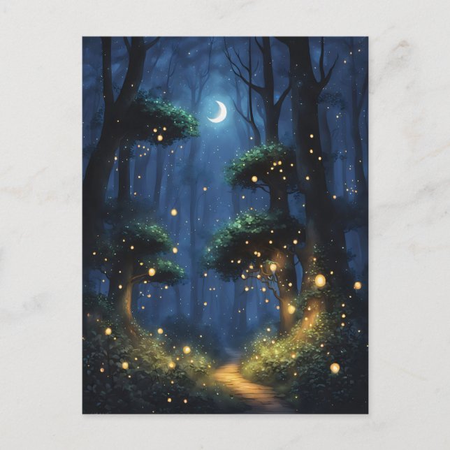 Carte Postale Forêt avec lueurs de luciole et lune de croissant (Devant)