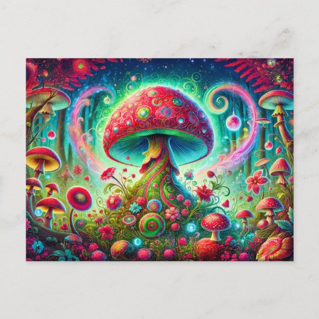 Carte Postale Forêt de champignons fantastiques aux couleurs psy (Devant)