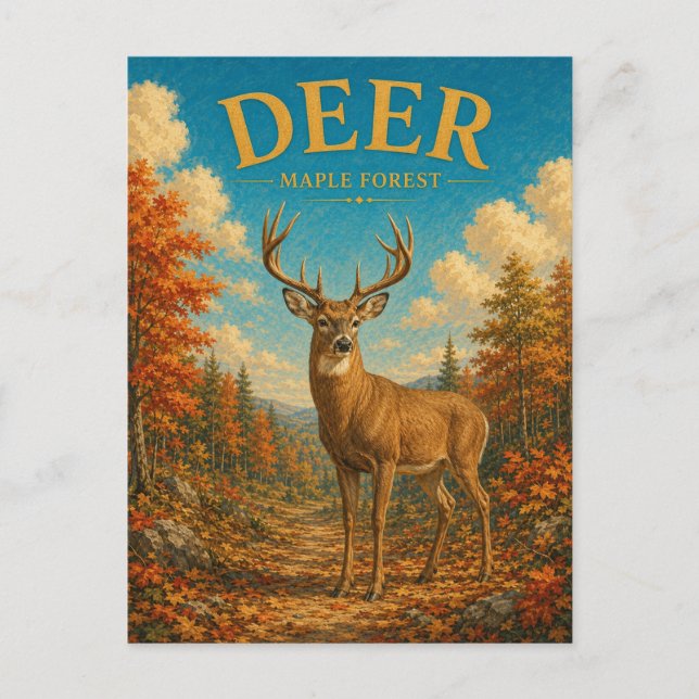Carte Postale Forêt de Érable Cerf GeoSaga Aquarelle (Devant)
