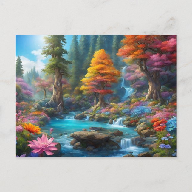Carte Postale Forêt de fantaisie enchantée, cascade, fleurs  (Devant)