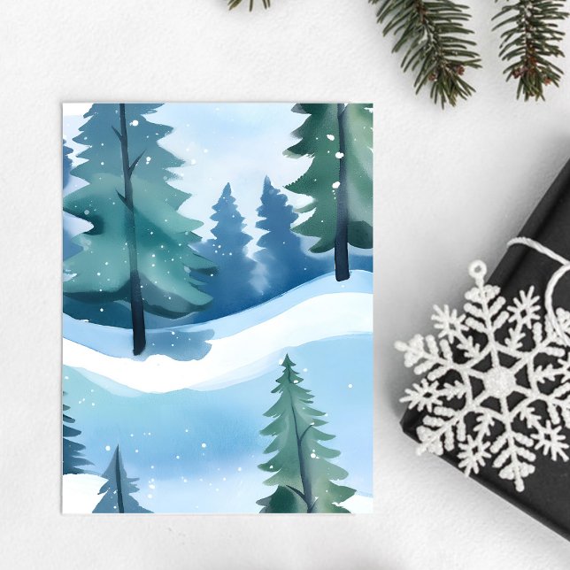 Carte Postale Forêt de pins enneigée | Aquarelle d'hiver (Créateur téléchargé)