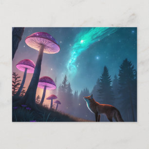 Carte Postale Forêt de renard fantaisie avec champignons lumineu