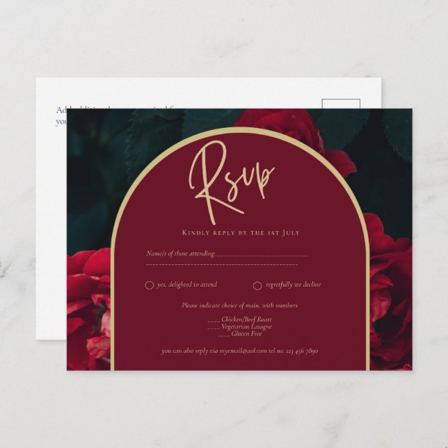 Carte Postale Forêt des Roses Rouges Vert Mariage d'hiver RSVP (Devant / Derrière)
