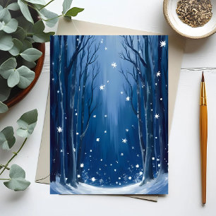 Carte Postale Forêt d'hiver bleue enneigée Peinture à l'aquarell