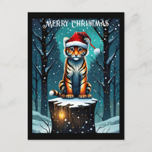Carte Postale Forêt d'hiver Cute bébé Tiger Père Noël Noël
