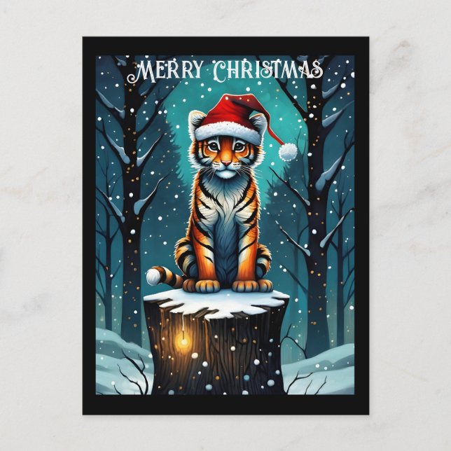 Carte Postale Forêt d'hiver Cute bébé Tiger Père Noël Noël (Devant)