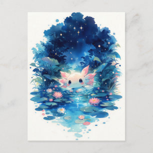 Carte Postale Forêt Indigo Lumineuse Étang de Axolotl Kawaii