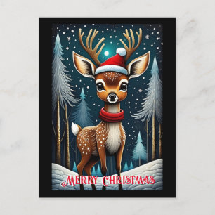 Carte Postale Forêt neigeuse mignonne Père Noël Baby Deer Noël