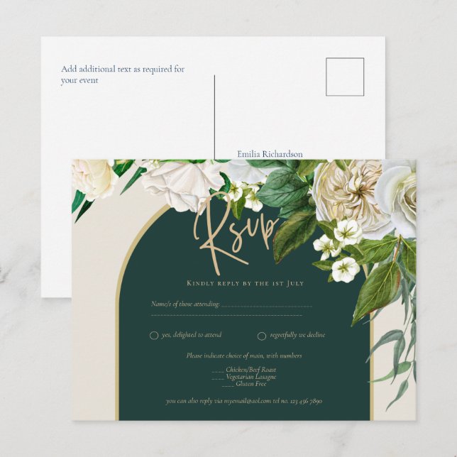 Carte Postale Forêt Vert Or Roses blanches Mariage d'hiver RSVP (Devant / Derrière)