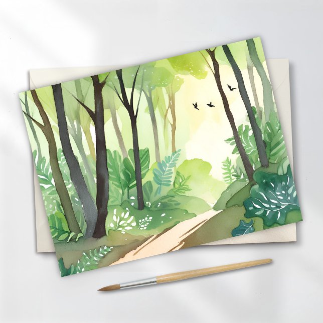 Carte Postale Forêt verte florissante | Aquarelle naturelle (Créateur téléchargé)
