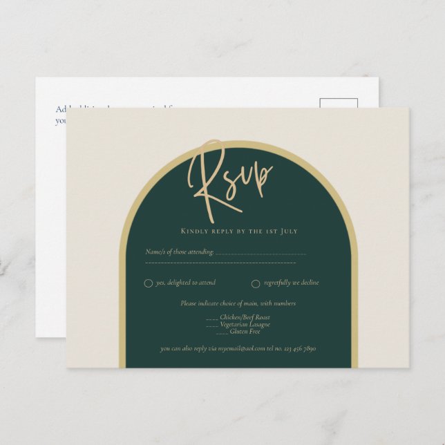 Carte Postale Forêt verte or blanc roses mariage d'hiver RSVP (Devant / Derrière)