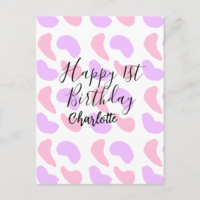 Carte Postale Formes abstraites violettes roses joyeux 1er anniv (Devant)