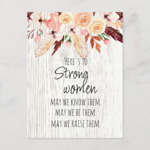 Carte Postale Forte Femmes Boho Rose Plumes Florales Effet Bois