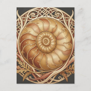 Carte Postale Fossile d'ammonite dorée Cadre celtique Motif orné