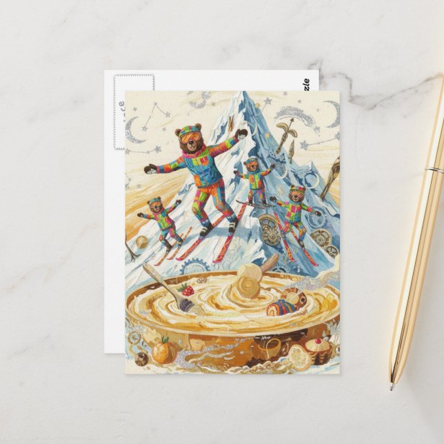 Carte Postale four bears ski to a bowl of porridge  (Devant/Arrière en situation)