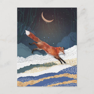 Carte Postale Fox Et Lune Magique Fairytale Paysage Peinture