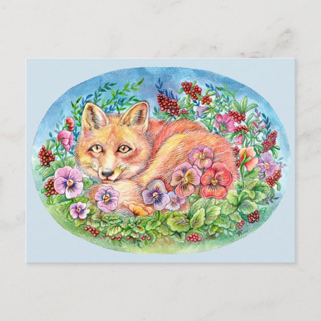 Carte Postale Fox et Pansies (Devant)