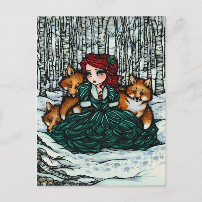 Carte Postale Foxes de neige hivernale Fille de forêt Imaginaire (Devant)