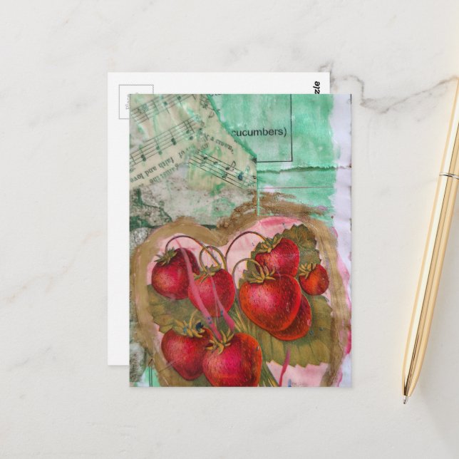 Carte Postale Fraise Ancienne Collage Mixte (Devant/Arrière en situation)