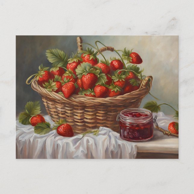 Carte Postale Fraise dans un panier et confiture de fraises  (Devant)