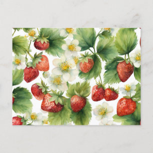 Carte Postale Fraise et fleurs de fraisier à l'aquarelle