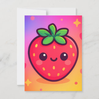 Carte Postale Fraise Kawaii souriante sur Pastel Gradient Backg