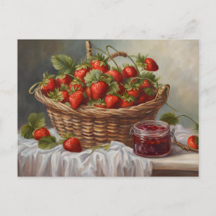 Carte Postale Fraises dans un panier et confiture de fraises 