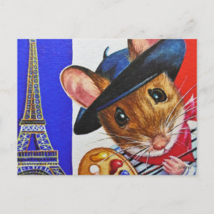 Carte Postale France Artiste Souris Tour Eiffel Aquarelle Art
