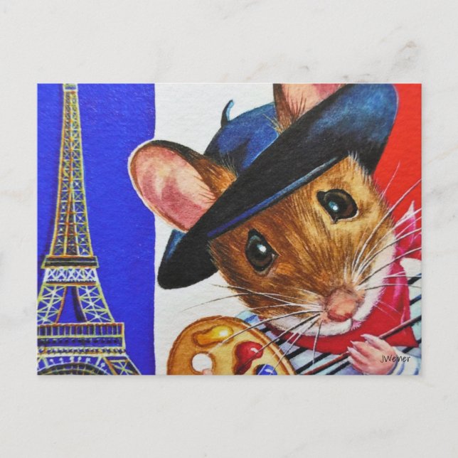 Carte Postale France Artiste Souris Tour Eiffel Aquarelle Art  (Devant)