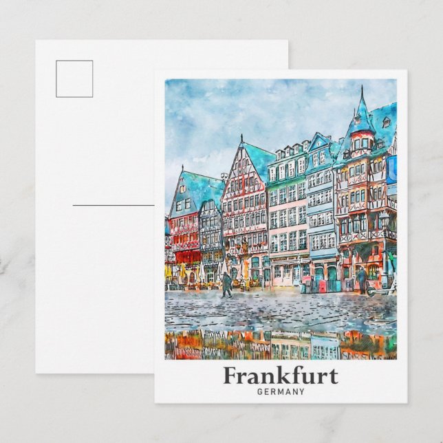 Carte Postale Francfort Allemagne Voyage Aquarelle main tirée (Devant / Derrière)