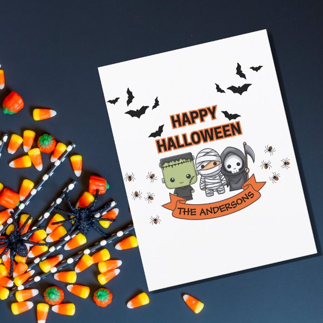 Carte Postale Frankenstein Momie Faucheuse Chat Mignon Halloween (Créateur téléchargé)