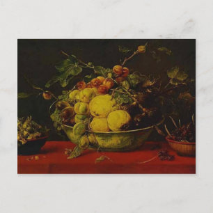 Carte Postale Frans Snyders-Fruits dans un bol sur une nappe rou