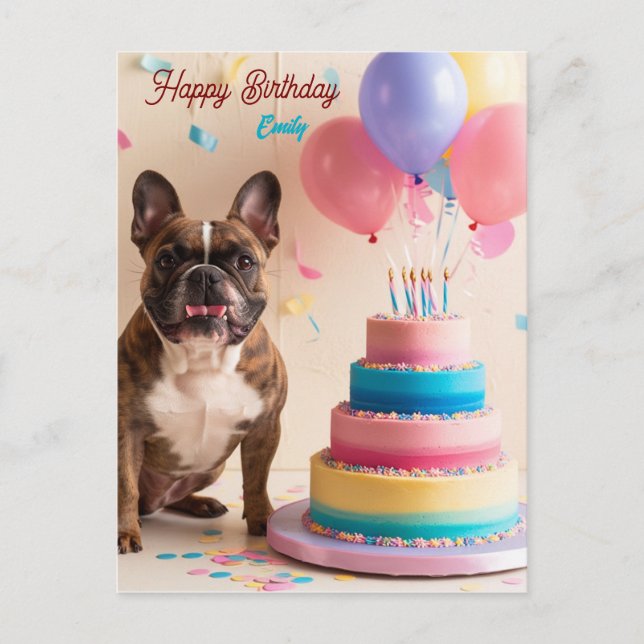 Carte Postale French Bulldog avec gâteau d'anniversaire (Devant)