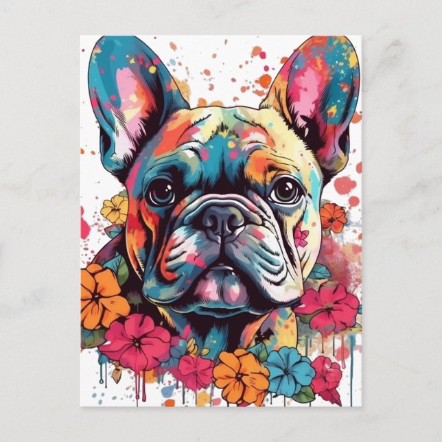 Carte Postale French-bulldog coloré avec fleurs (Devant)
