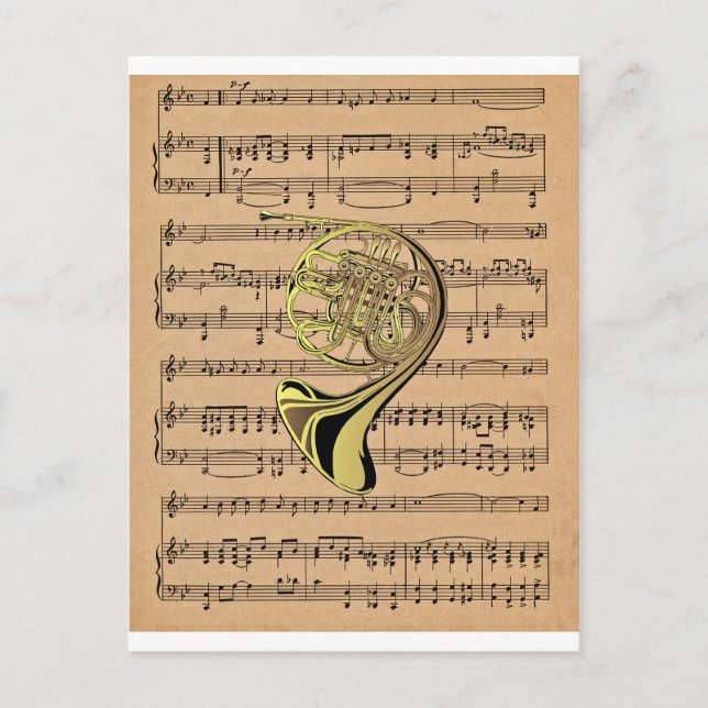 Carte Postale French Horn ~ Avec Arrière - plan Partition (Devant)