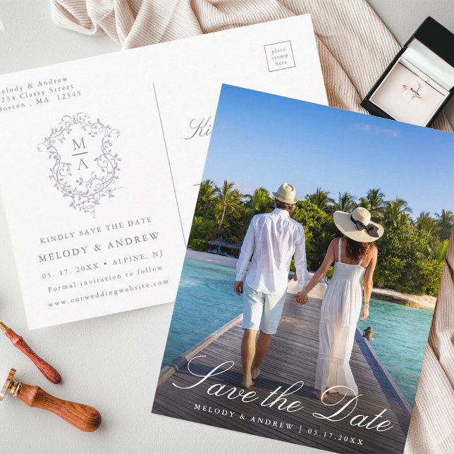 Carte Postale French Lavender Floral Crest Photo Save the Date (Front & Back)