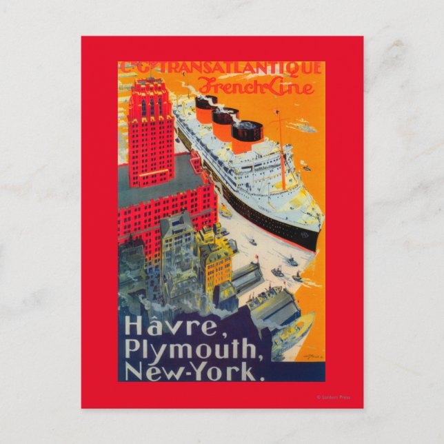 Carte Postale French Line Travel Poster, Havre to Plymouth, NY (Devant)