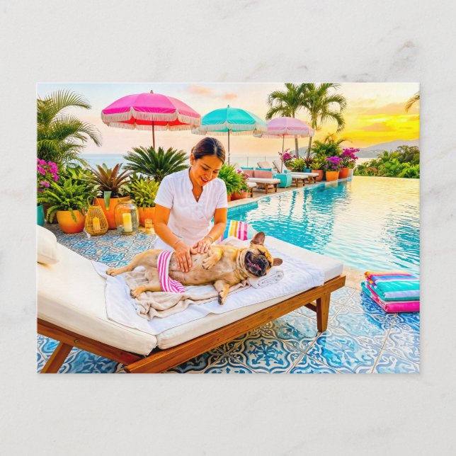 Carte Postale Frenchie au massage de la piscine (Devant)