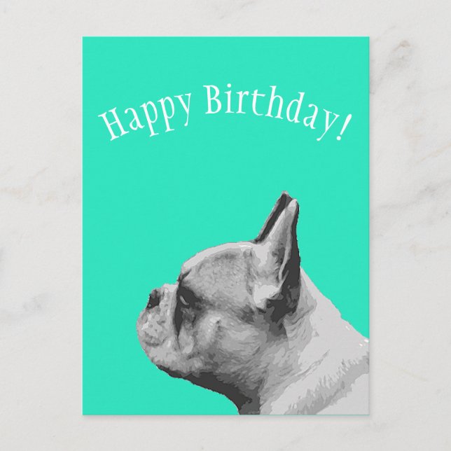 Carte Postale Frenchie | Joyeux Anniversaire couleur aqua (Devant)