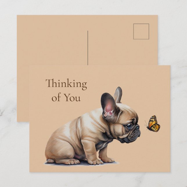 Carte Postale Frenchie & Papillon Pensant à toi (Devant / Derrière)