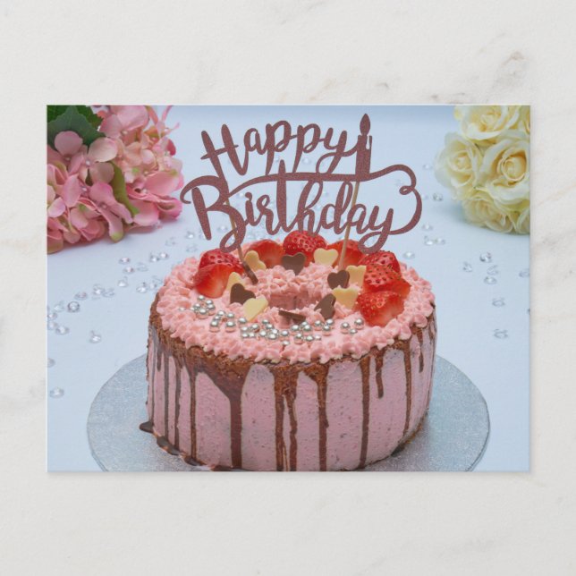 Carte Postale Fresh Joyeux gâteau d'anniversaire blanc fleur de  (Devant)