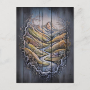 Carte Postale Fresque de montagne majestueuse sur mur en bois