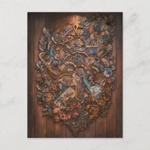 Carte Postale Fresque enchantée sur mur en bois