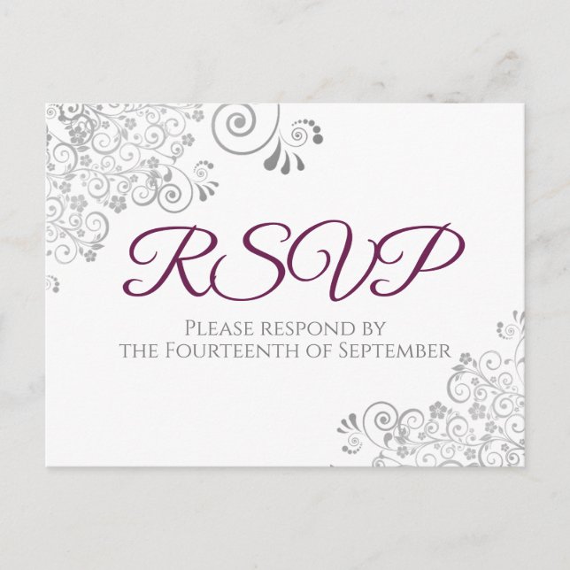 Carte Postale Frills Argent Simple Elegant Cassis Wedding RSVP (Devant)