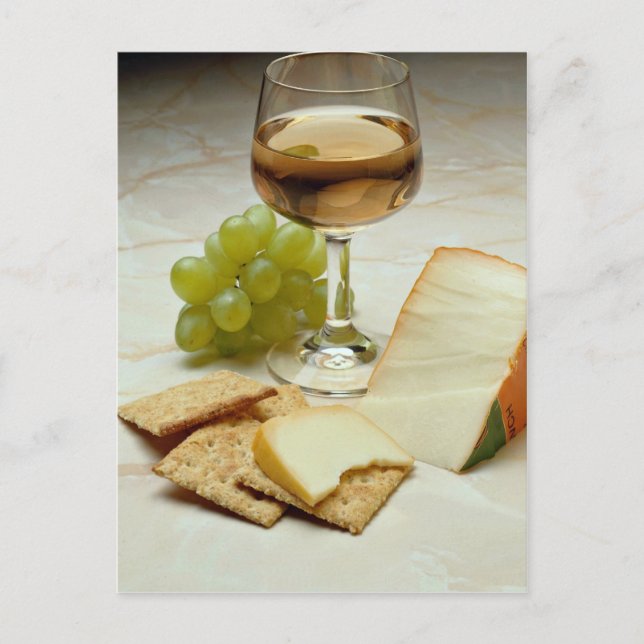 Carte Postale Fromage délicieux, craquelins et verre à vin (Devant)