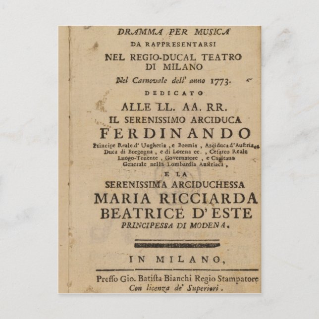 Carte Postale Frontispiece de "Lucio Silla" de Mozart (Devant)