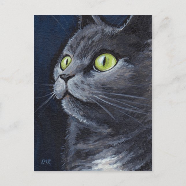 Carte Postale Fumé | Portrait de chat gris bleu vert teint (Devant)