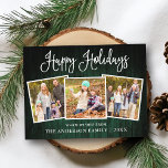 Carte Postale Fun Calliage Vert Bois 3 Photo Holiday<br><div class="desc">Moderne Fun Calligraphie Script Joyeux Vacances Famille 3 Photo Carte postale - Rustique Pays Vert Bois</div>