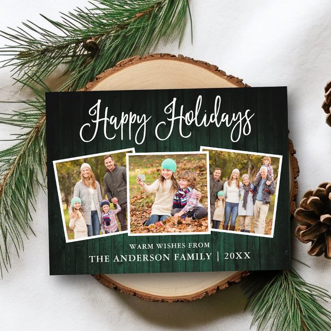 Carte Postale Fun Calliage Vert Bois 3 Photo Holiday (Customize to change your personalized text size or text style.)